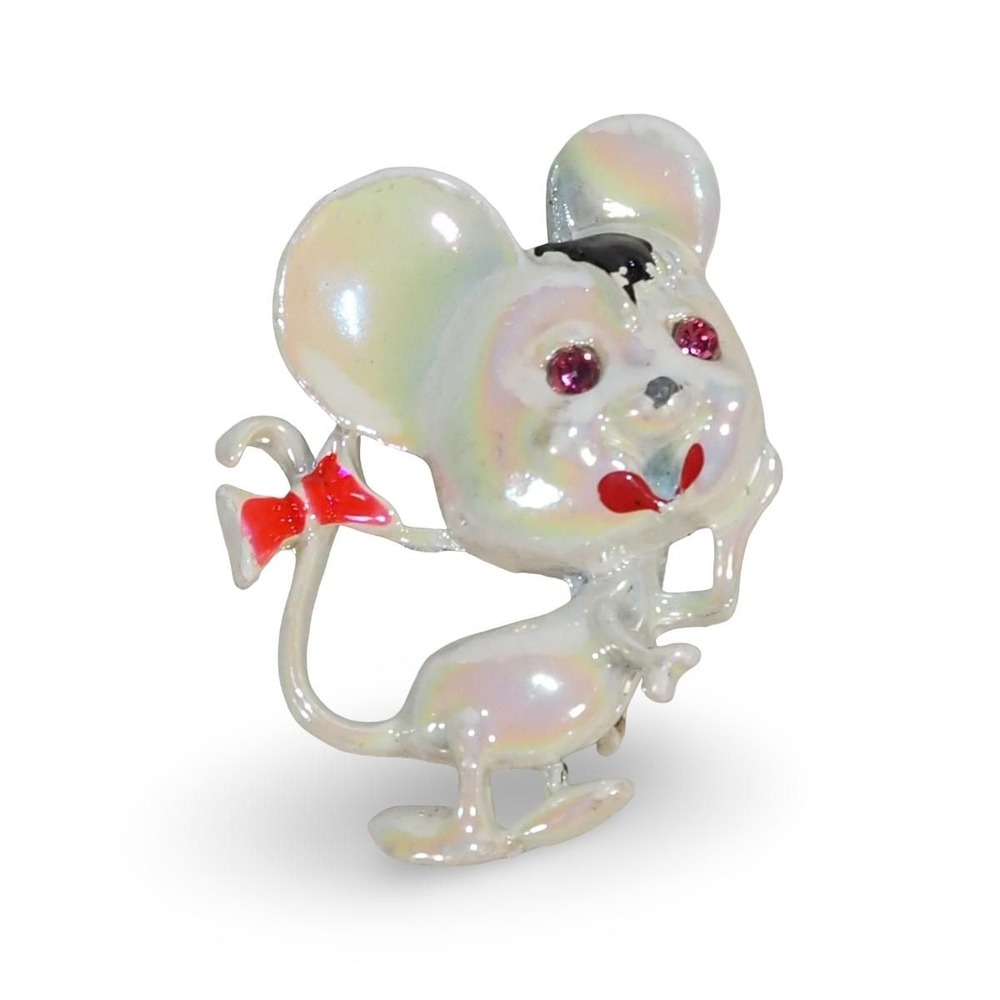 Vintage 1960s Iridescent Enamel Mouse Brooch Pink Rhinestone Eyes Red Bow Pin